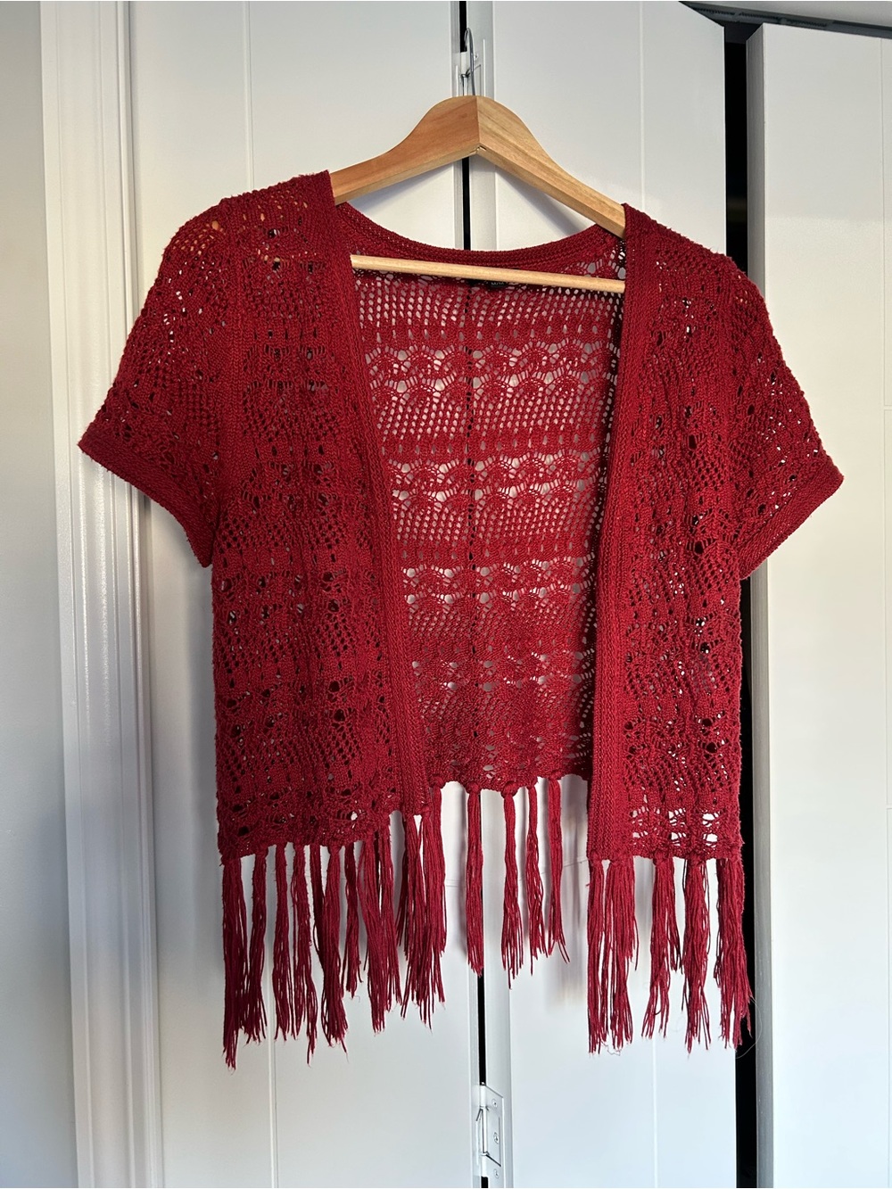 Onyx Red Open-Knit Fringe Short-Sleeve Cardigan